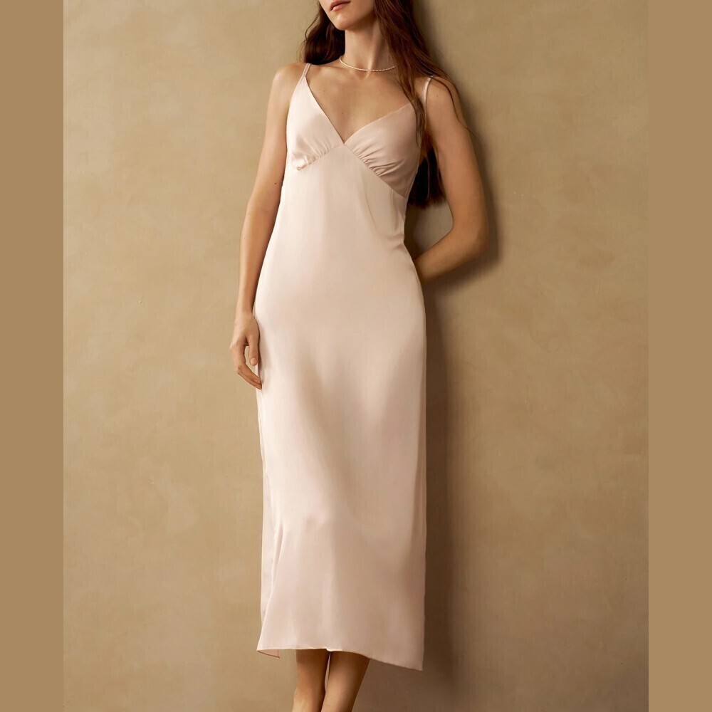 Cream Satin V-Neck Ruched Empire Waist Spaghetti Strap Midi Slip Dress
